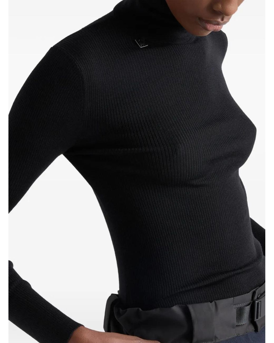 Prada Black Ribbed Logo Turtleneck Sweater