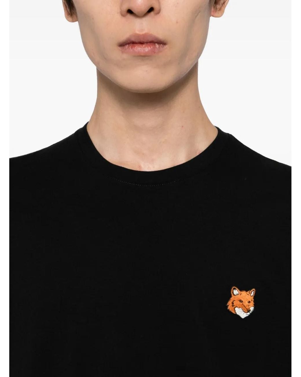 Maison Kitsuné Black Embroidered-Logo Patch T-Shirt for men