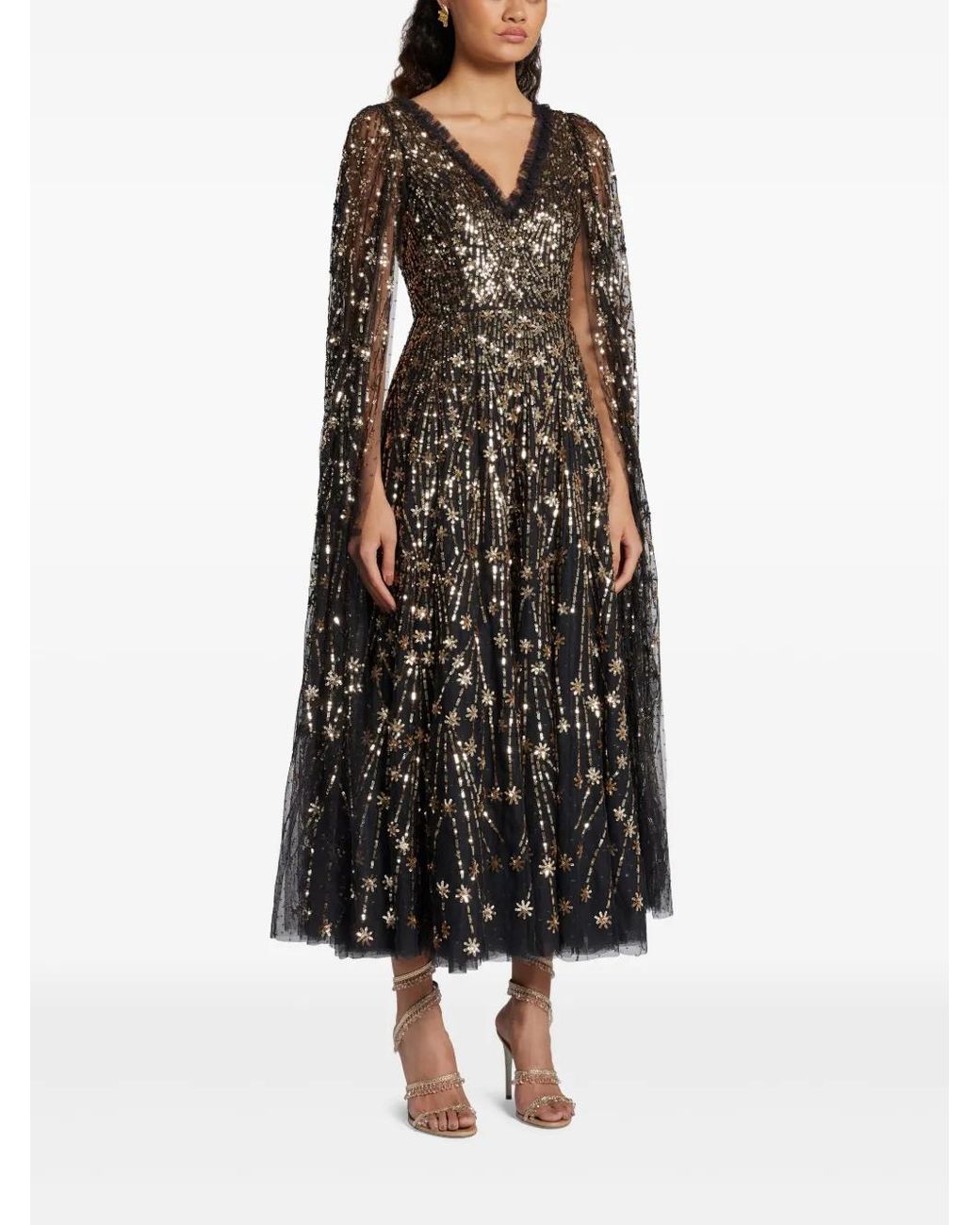Needle & Thread Black Sequined Cape Dress