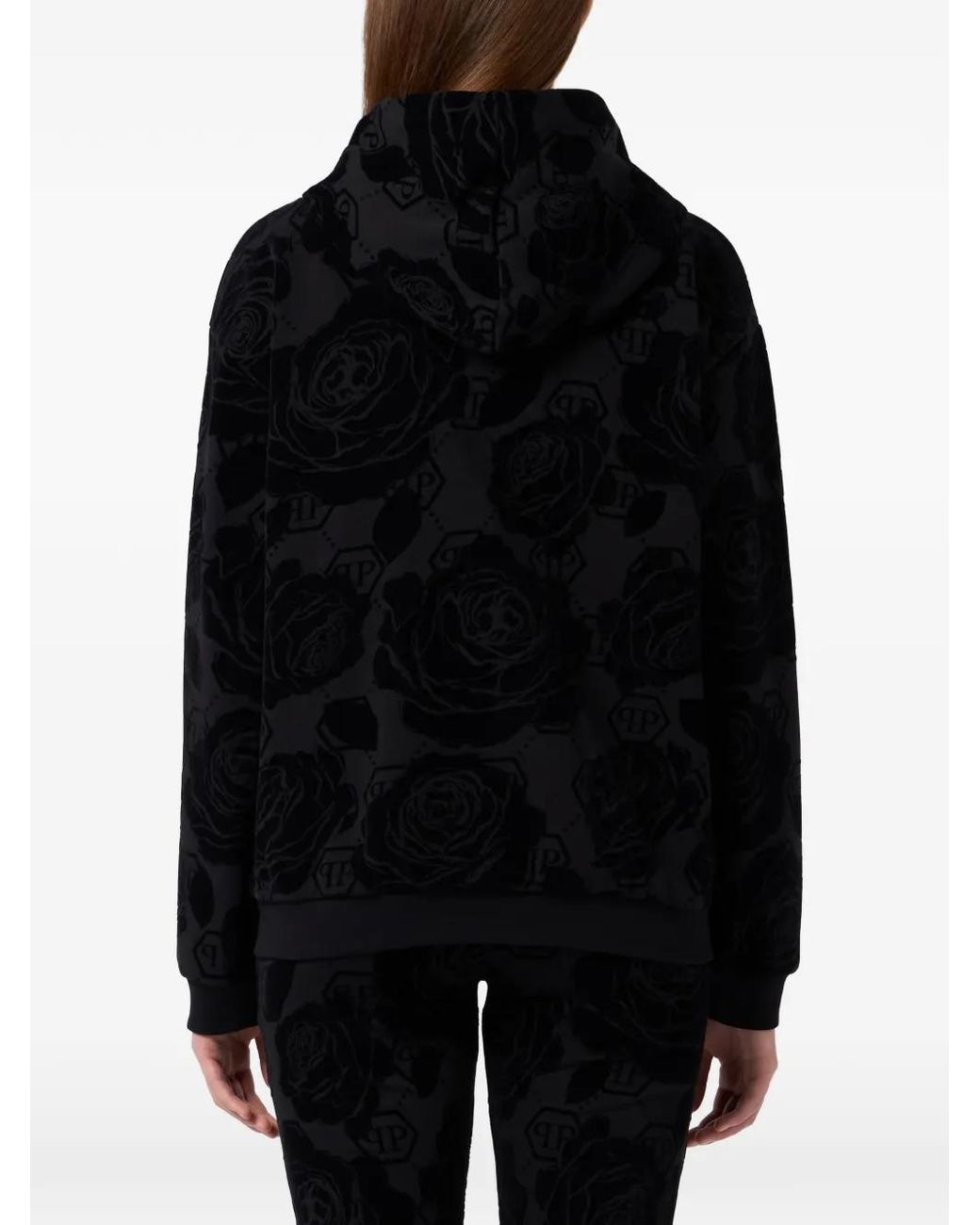 Philipp Plein Black Flock Flower Monogram Hoodie