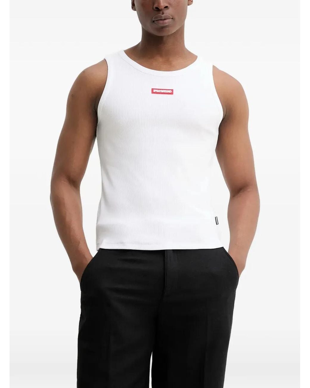 Sprayground White Geripptes Top Mit Logo-Patch