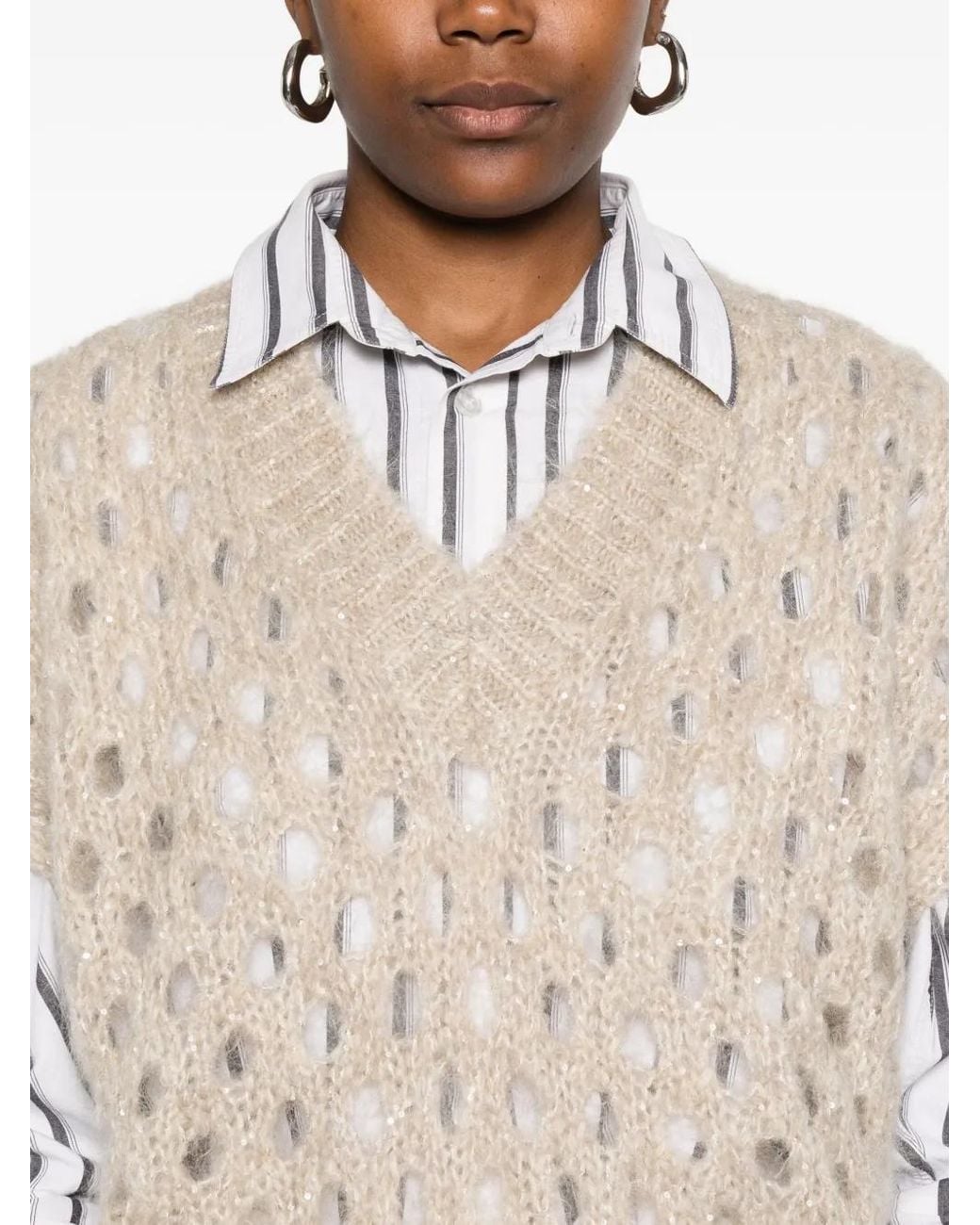 Brunello Cucinelli Natural V-Neck Open-Knit Vest