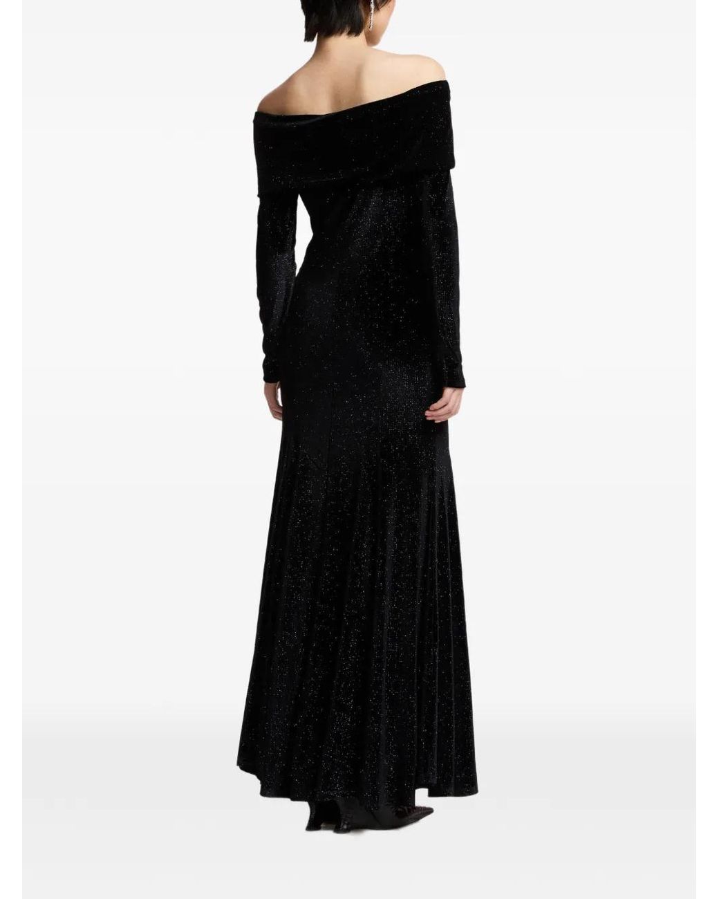 Essentiel Antwerp Black Kellissimo Glitter-Finish Off-Shoulder Flared Maxi Dress