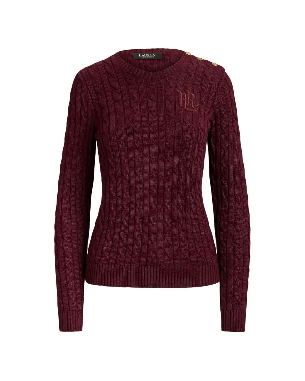 Ralph Lauren Purple Buttoned-Shoulder Cable-Knit Sweater