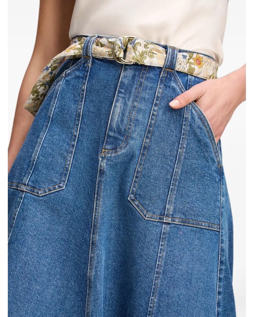 Cinq À Sept Blue Jupe Mi-Longue Benji En Jean, Évasée Et Ceinturée