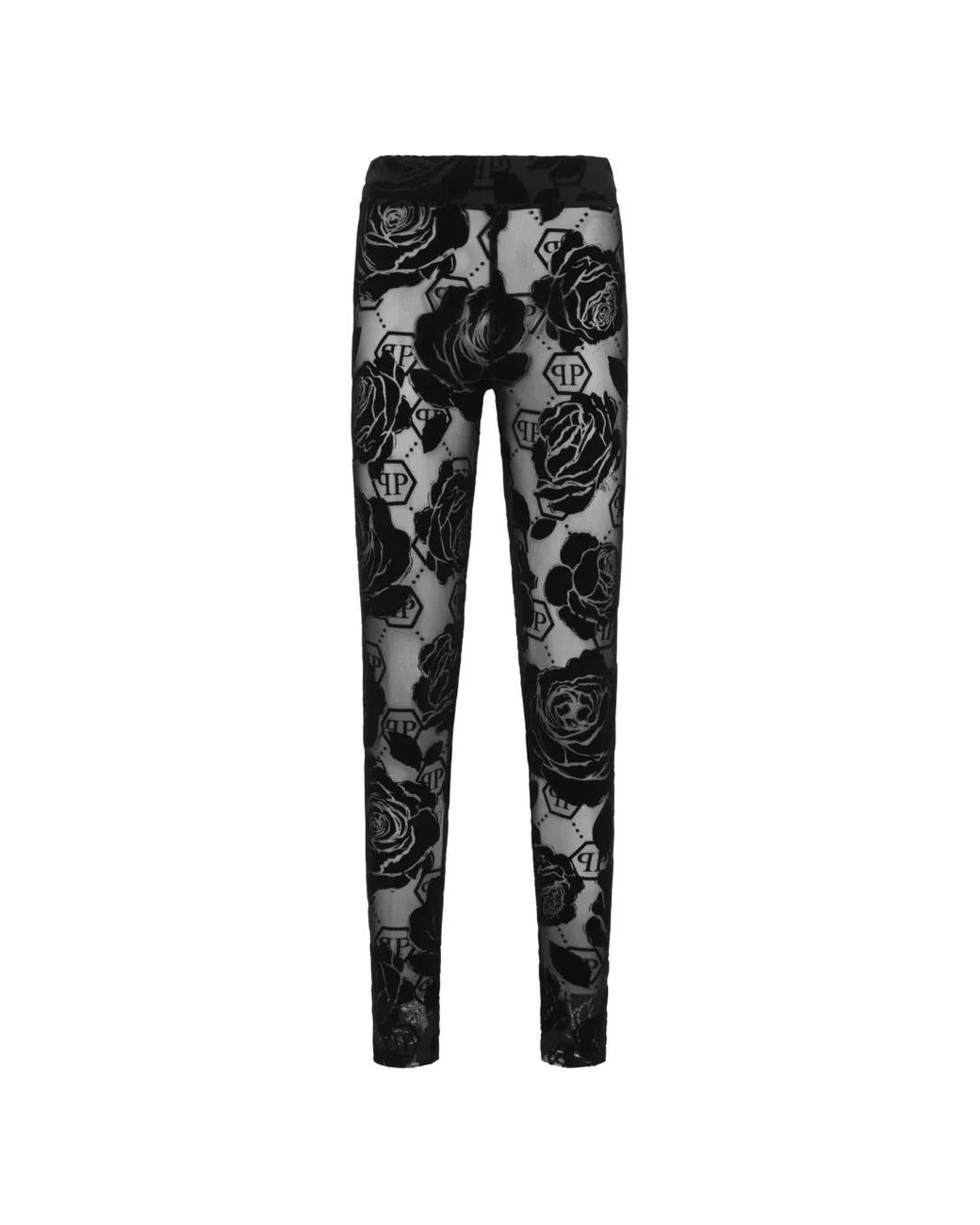 Philipp Plein Black Tulle Leggings Flock Flower Monogram