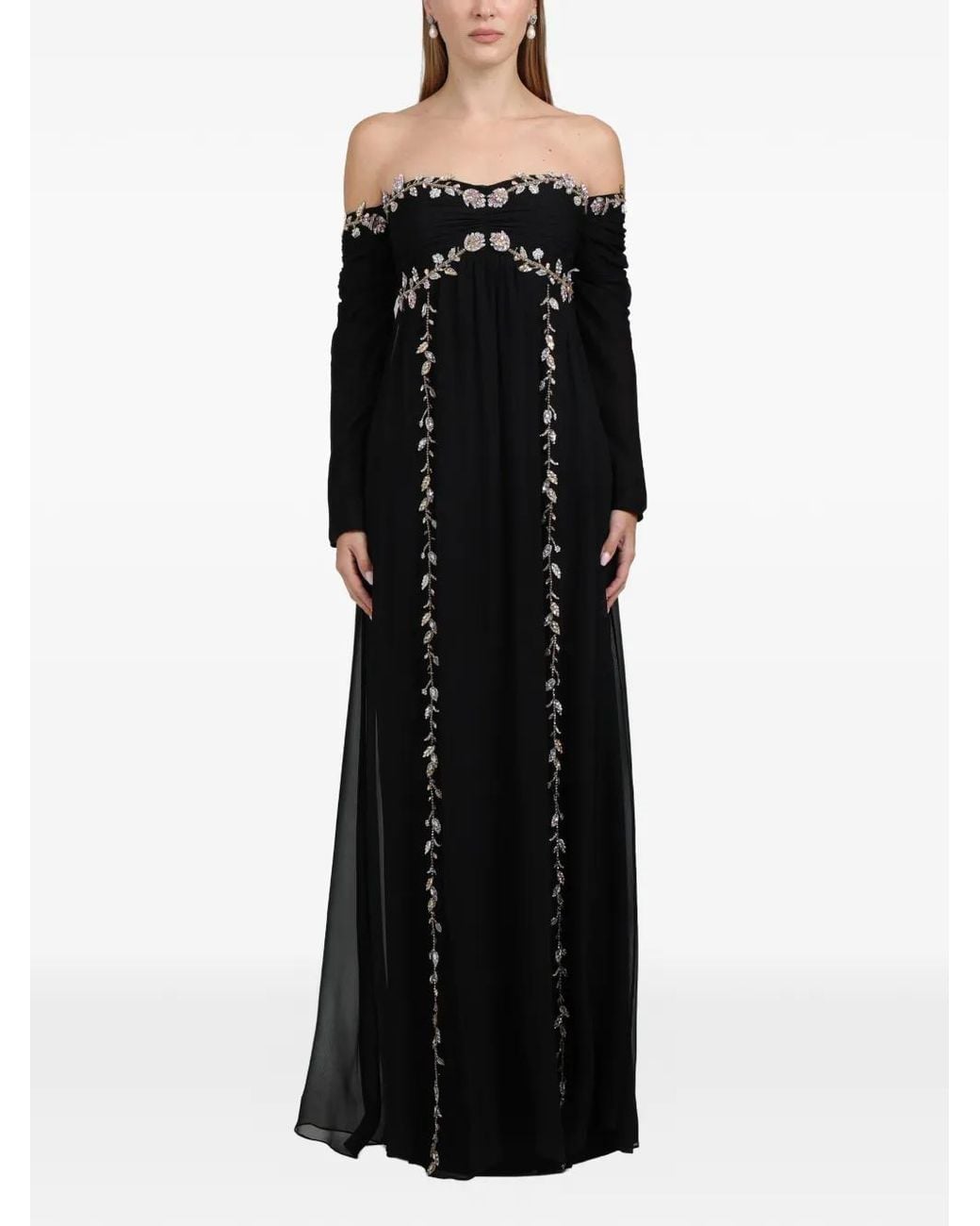 Dina Melwani Black Embellished Off-Shoulder Gown Maxi Dress