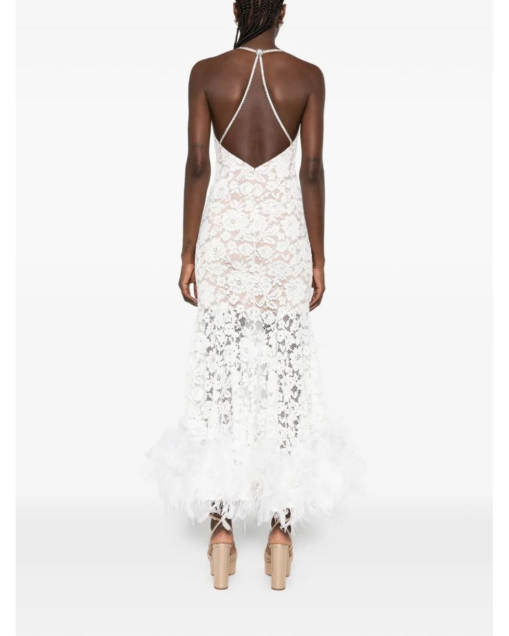 Self-Portrait White Feather-Trim Lace Midi Dress