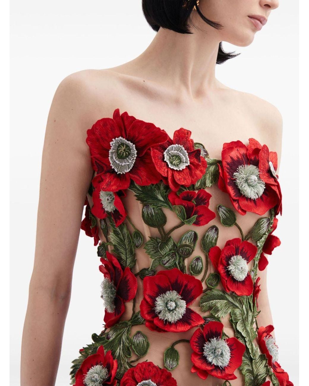 Oscar de la Renta Poppy-Embroidered Midi Dress | Lyst