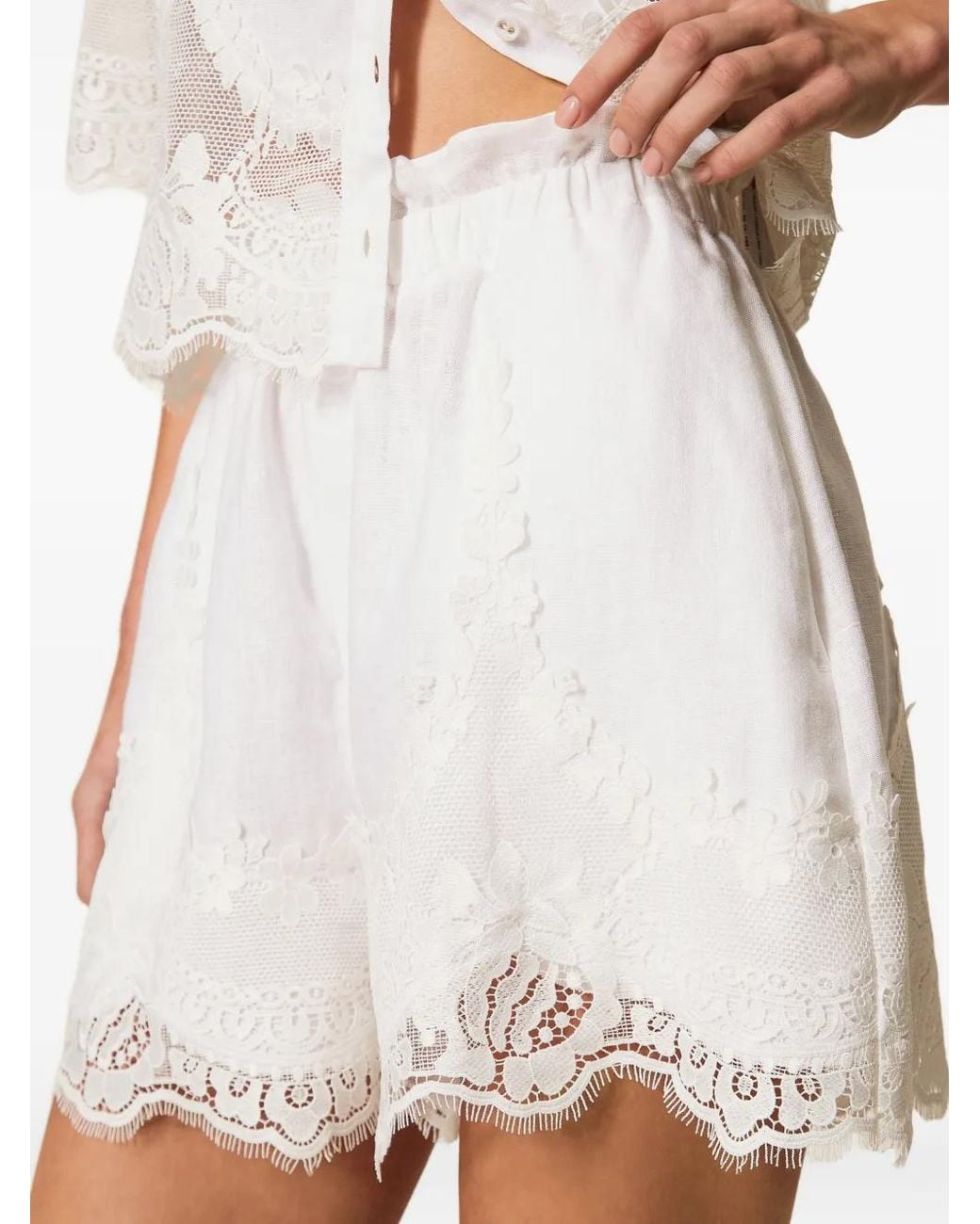 Twinset White Linen Shorts With Lace