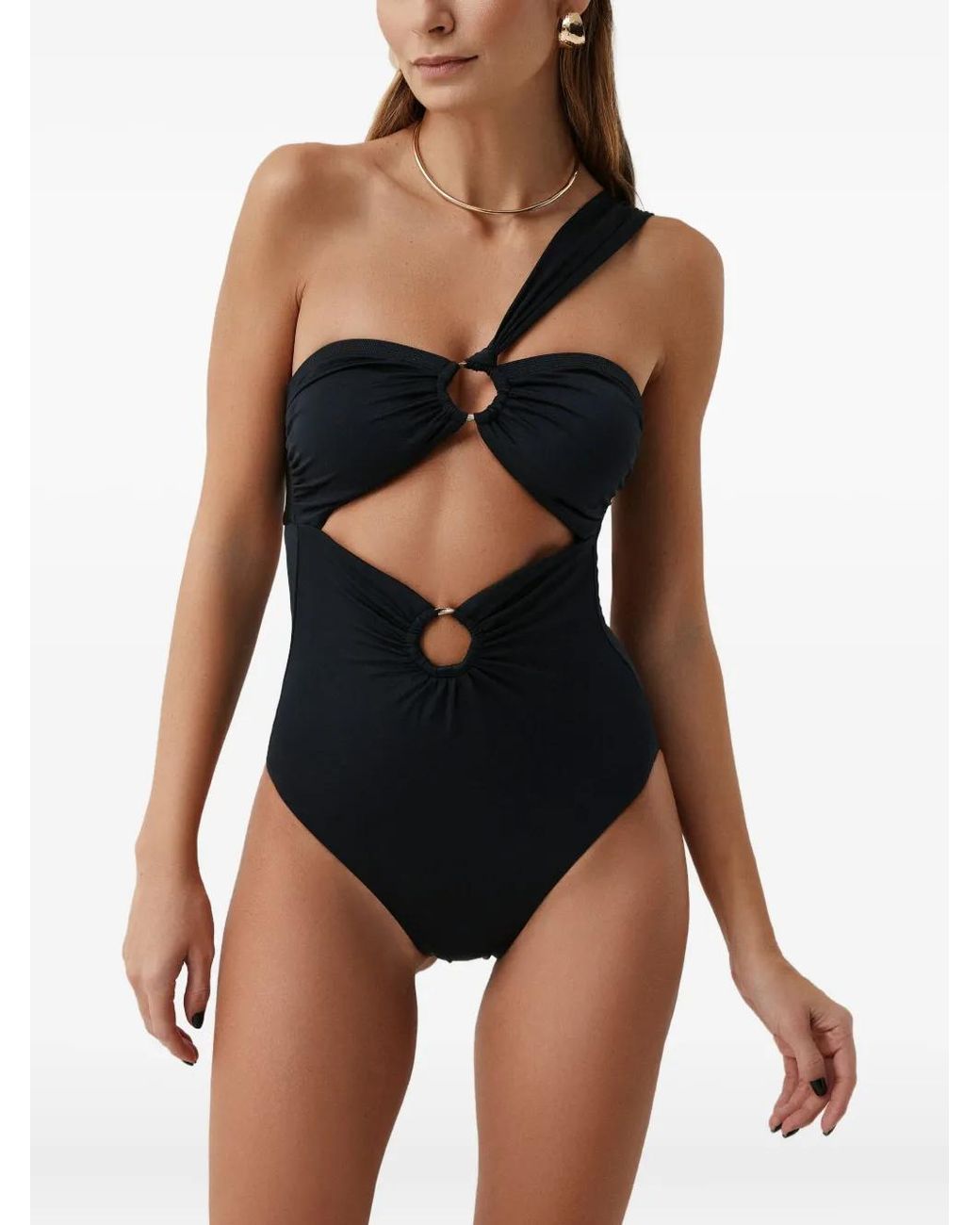 SOFIA ERHAN Black One-Shoulder Ring-Detail Swimsuit