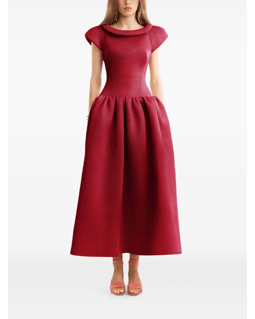 Gemy Maalouf Red Sculpted-Neckline Drop-Waist Midi Dress
