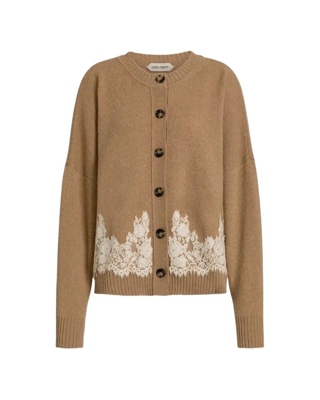 Alberta Ferretti Natural Lace-Trim Button-Up Cardigan