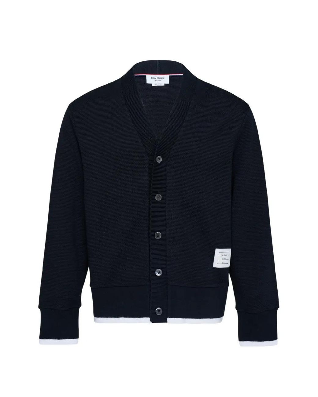Thom Browne Blue V-Neck Chunky-Trim Cardigan for men