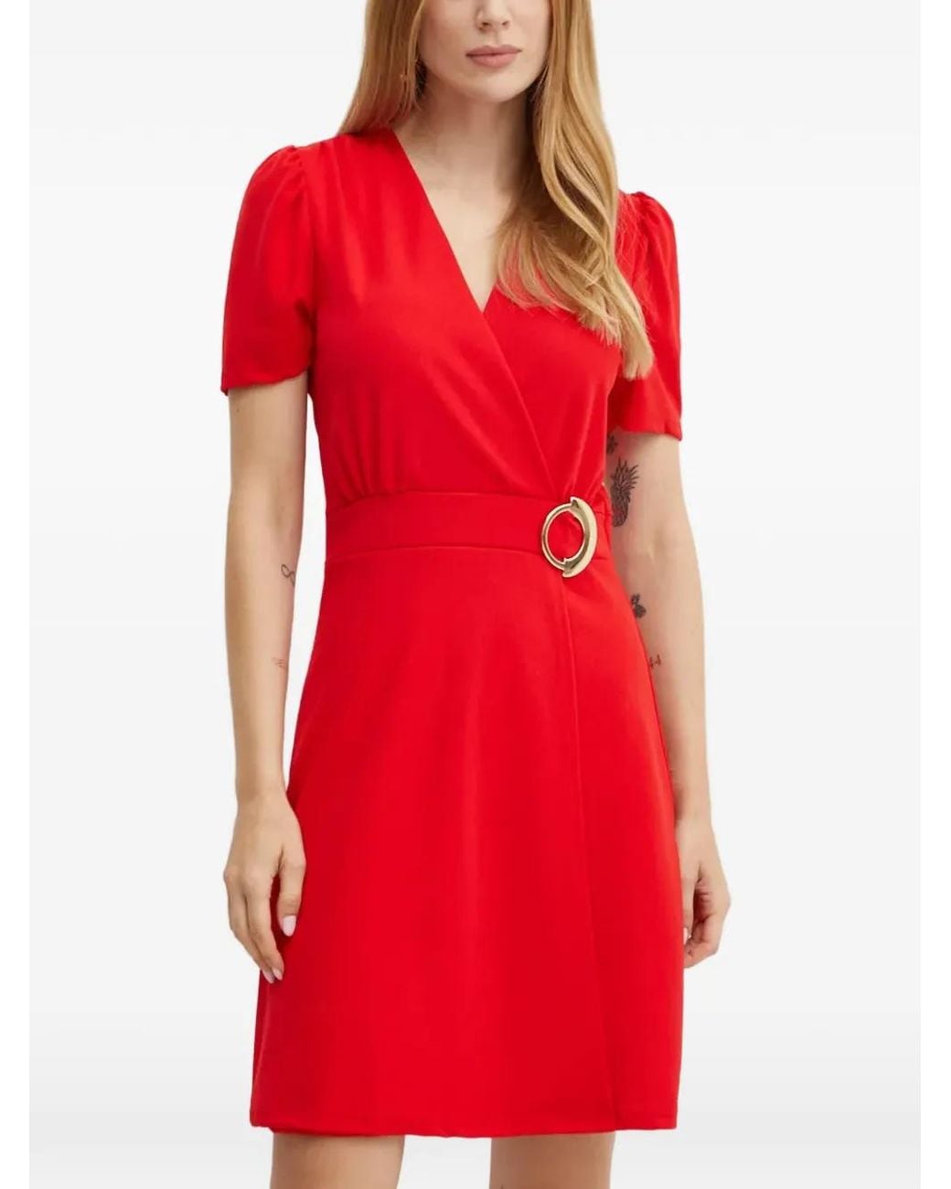 Morgan Red Buckle-Detail Mini Dress