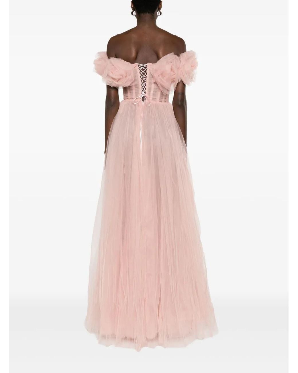 Ana Radu Pink Rose-Appliqué Tulle Gown Dress