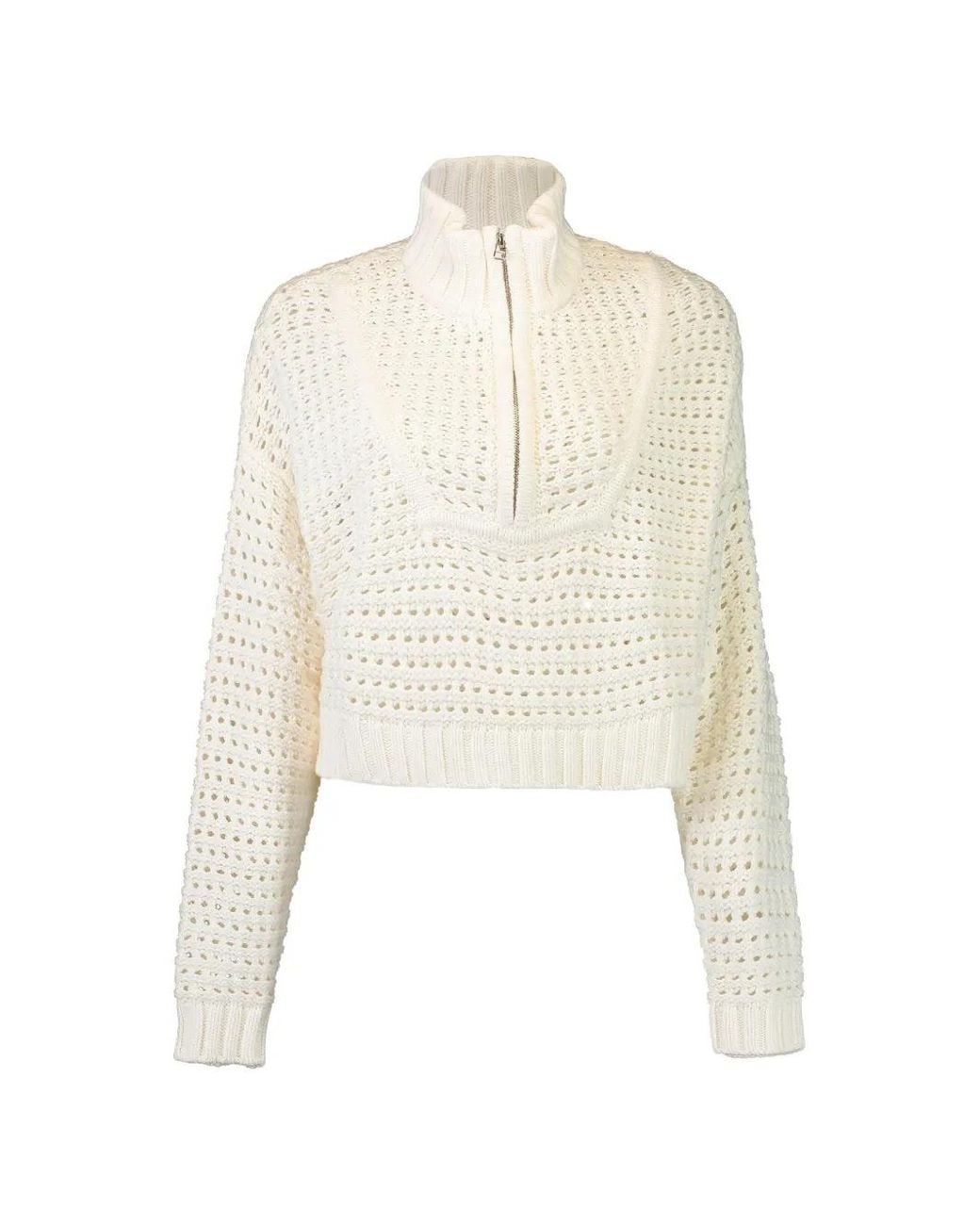 Staud White Open-Knit Quarter-Zip Sweater