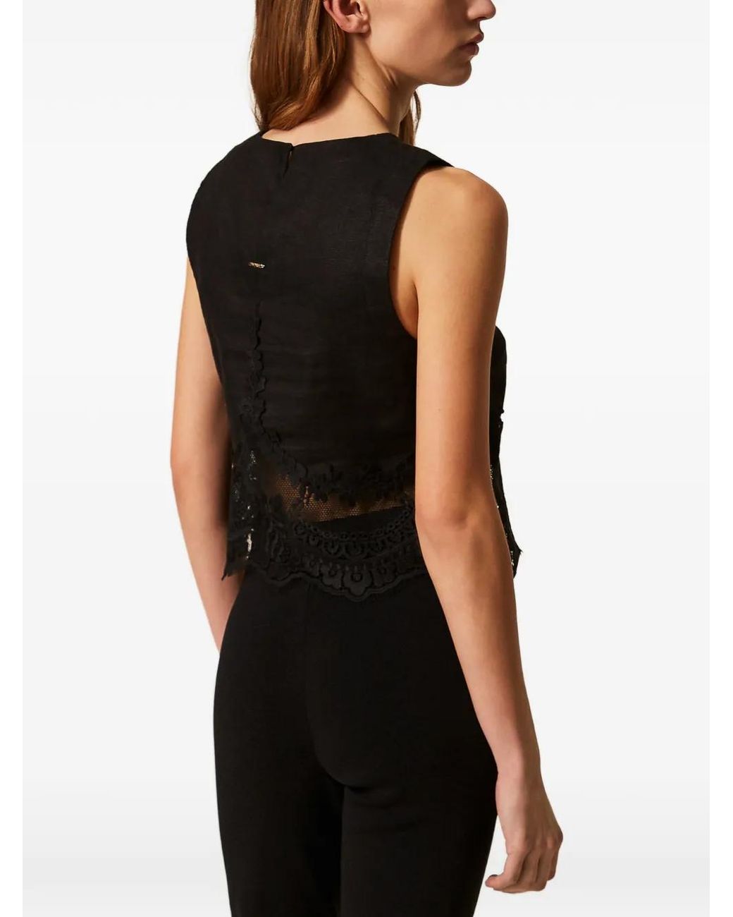 Twinset Black Linen Top With Lace