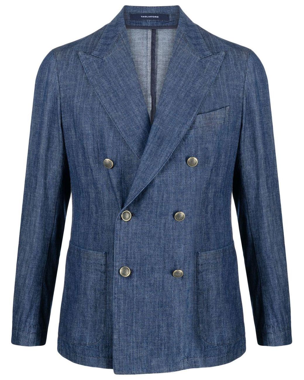 Tagliatore Double-breasted Chambray Blazer in Blue for Men | Lyst