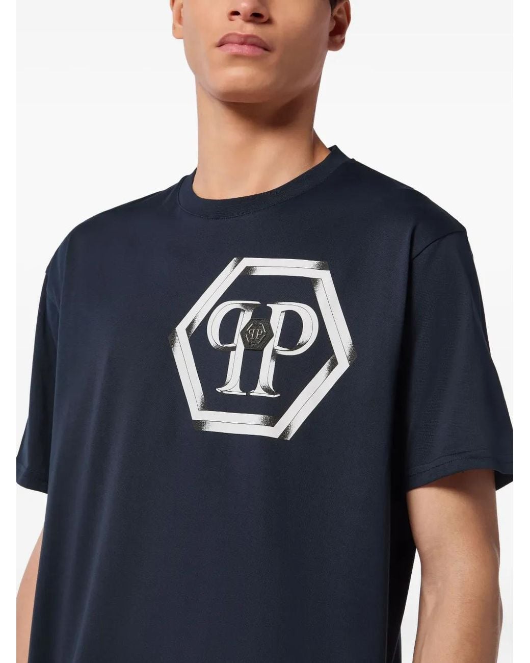 Philipp Plein Blue Hexagon-Logo T-Shirt for men