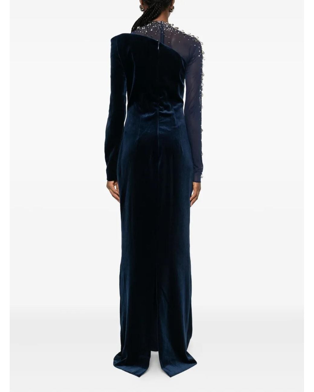 Jean Louis Sabaji Black Crystal-Embellished Asymmetric Gown