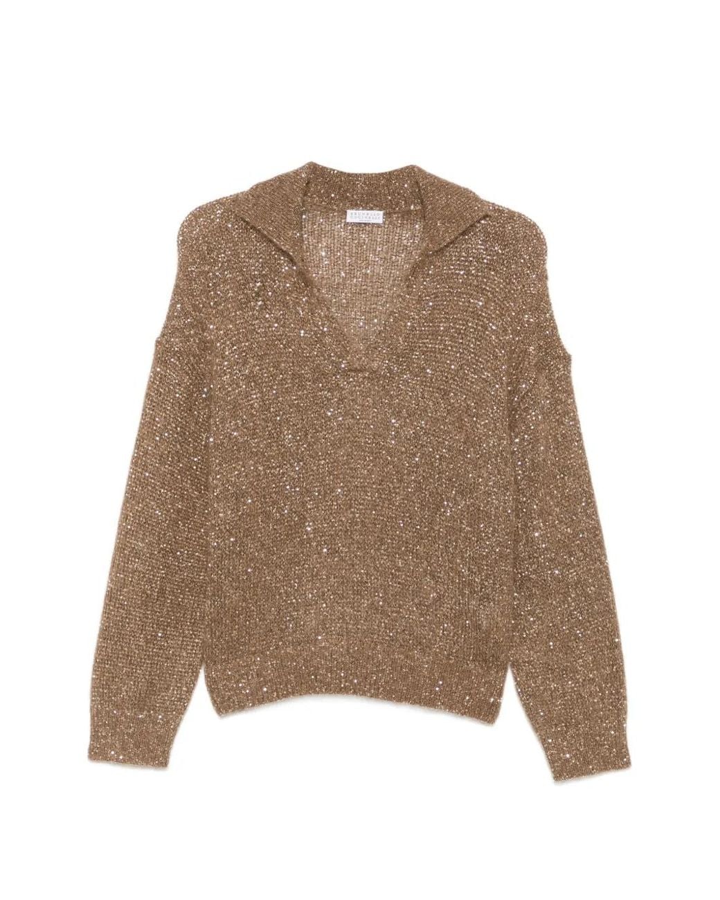 Brunello Cucinelli Natural Sequin-Embellished Polo-Collar Sweater