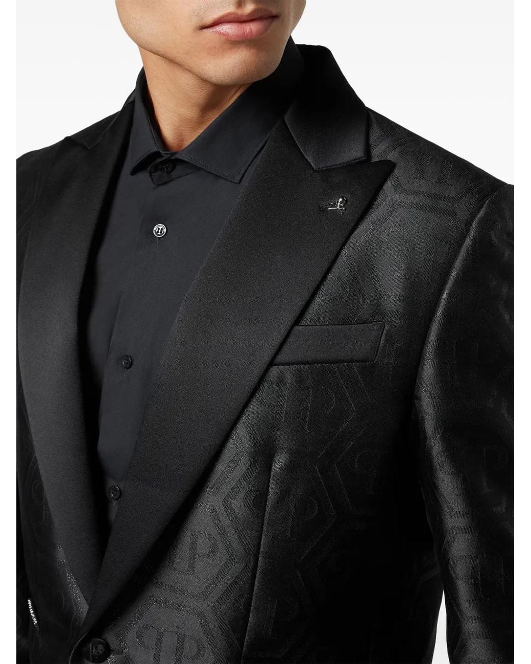Philipp Plein Black Monogram-Jacquard Single-Breasted Blazer for men