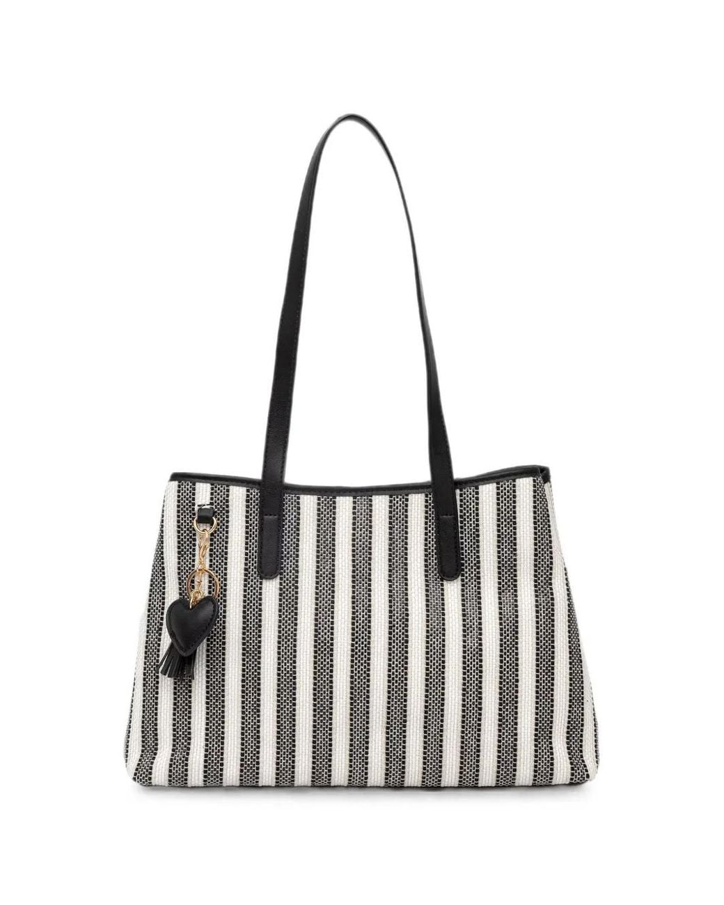 Morgan White Striped Heart-Charm Tote Bag