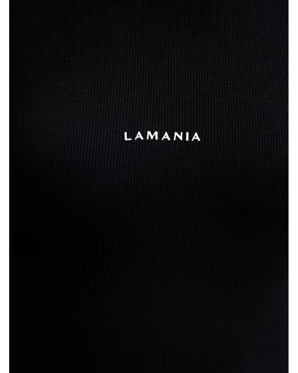 La Mania Black Gin Ribbed-Knit Logo-Print Top
