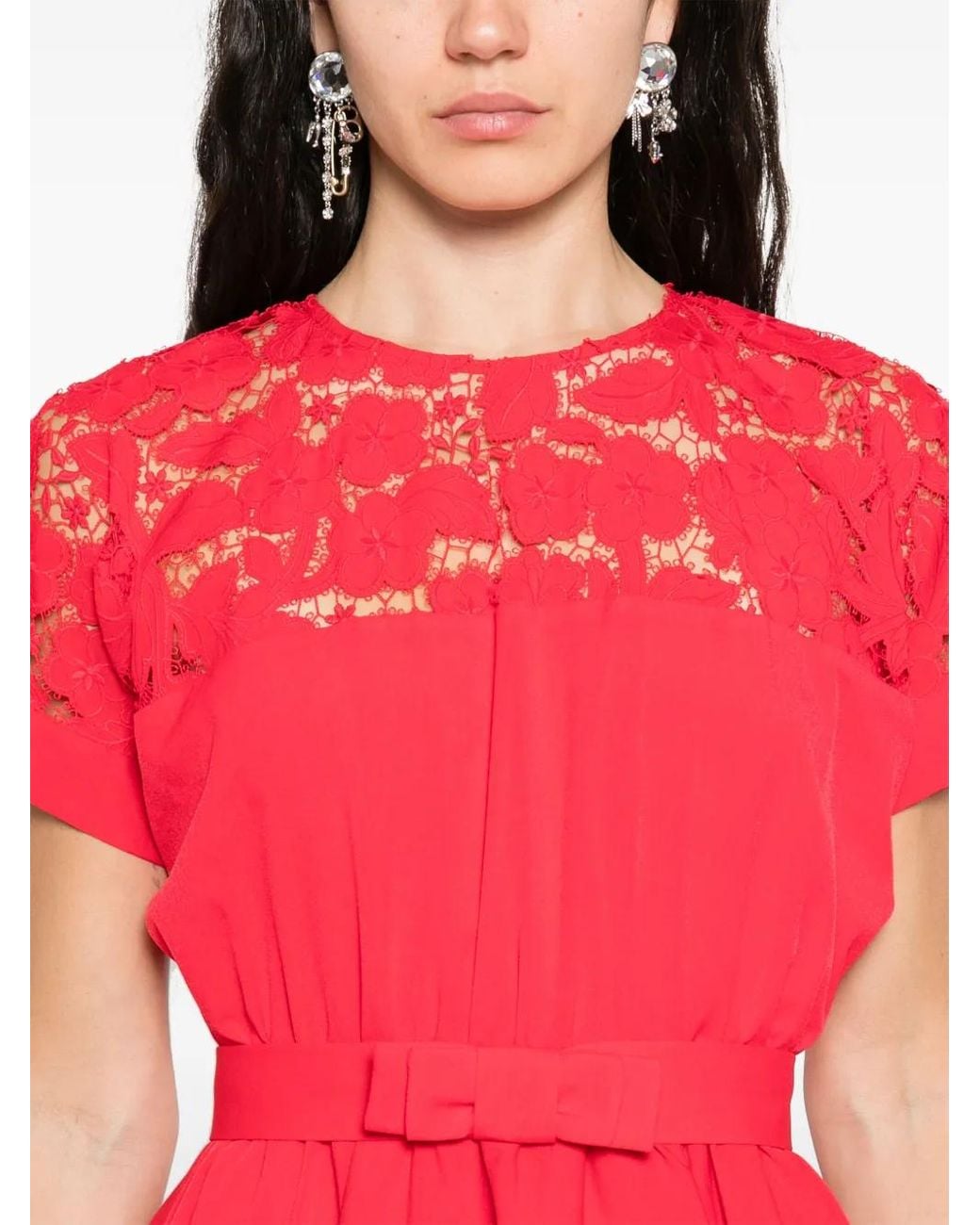 Nissa Red Lace-Panels Midi Dress