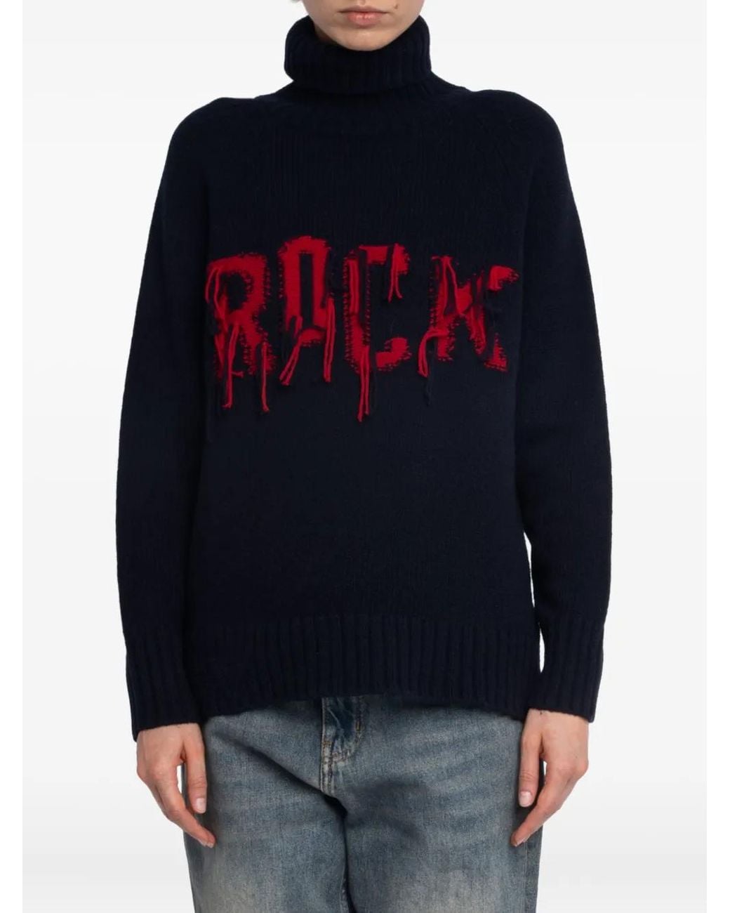 Zadig & Voltaire Blue Roll-Neck Frayed-Detail Sweater
