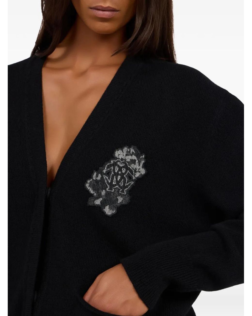 Roberto Cavalli Black Floral-Applique Cardigan