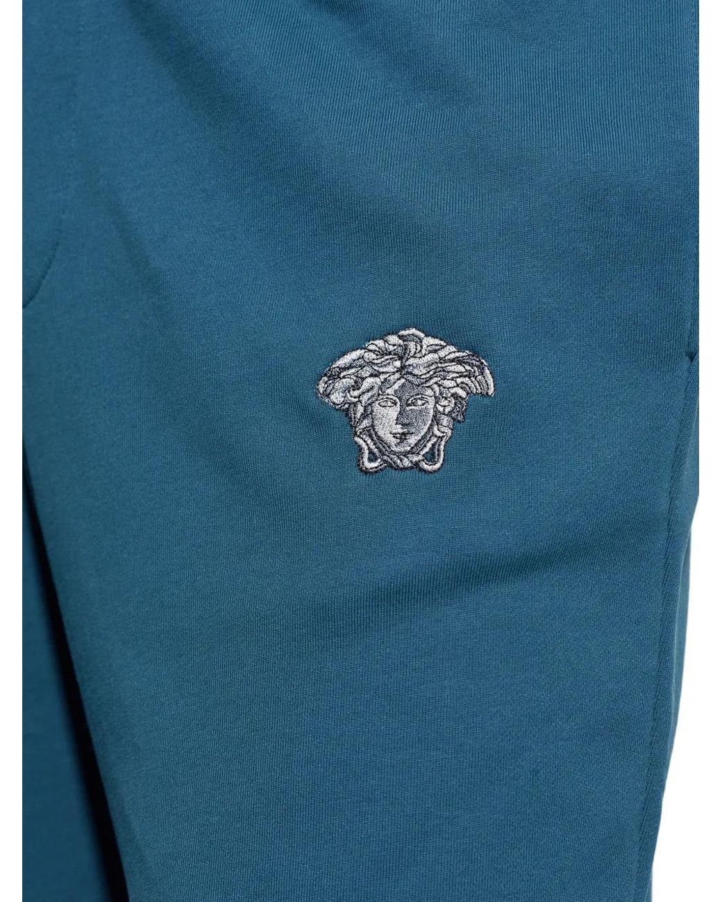 Versace Blue Embroidered Cotton-Jersey Sweatpants for men