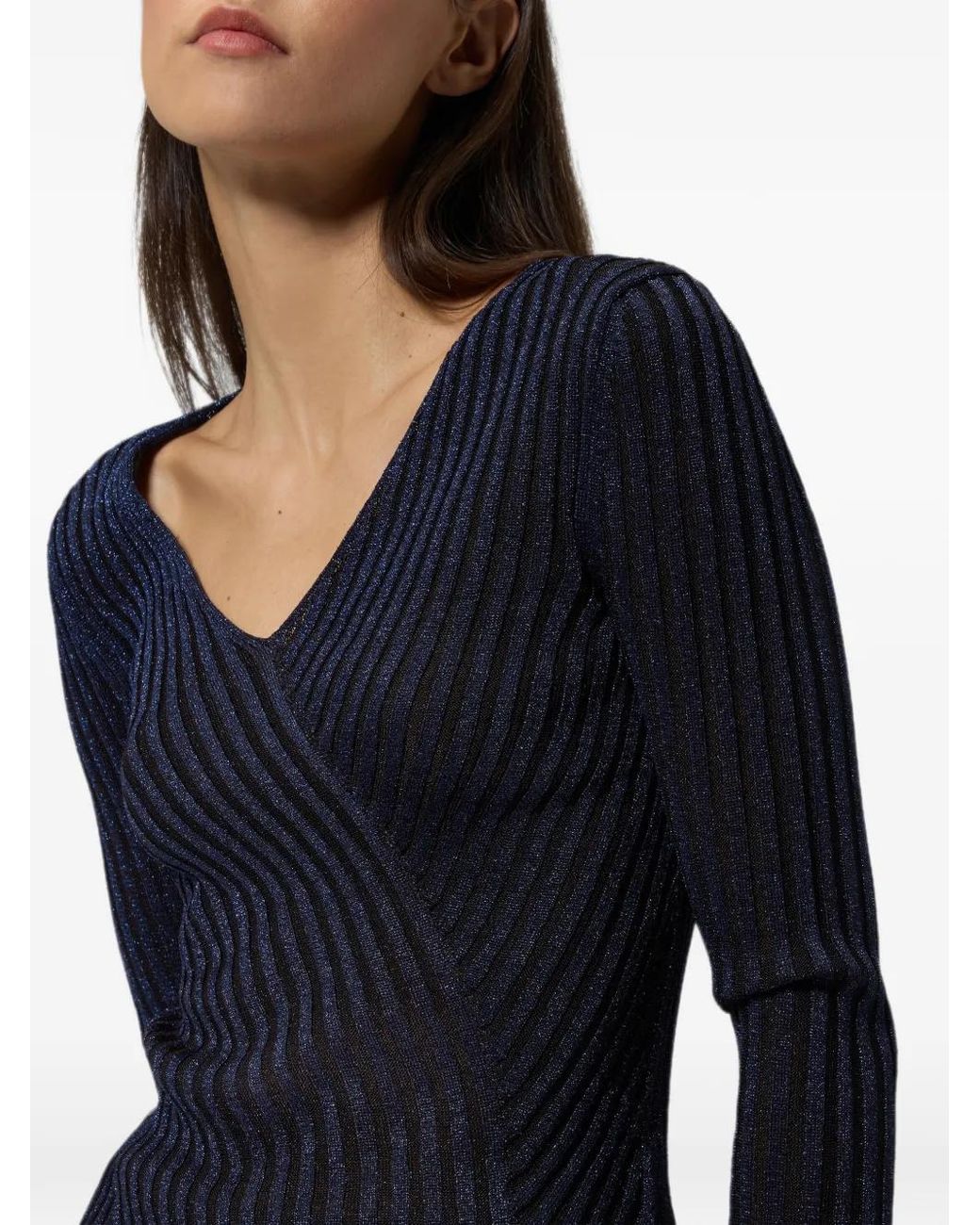 Missoni Blue Ribbed Viscose Lamé V-Neck Sweater