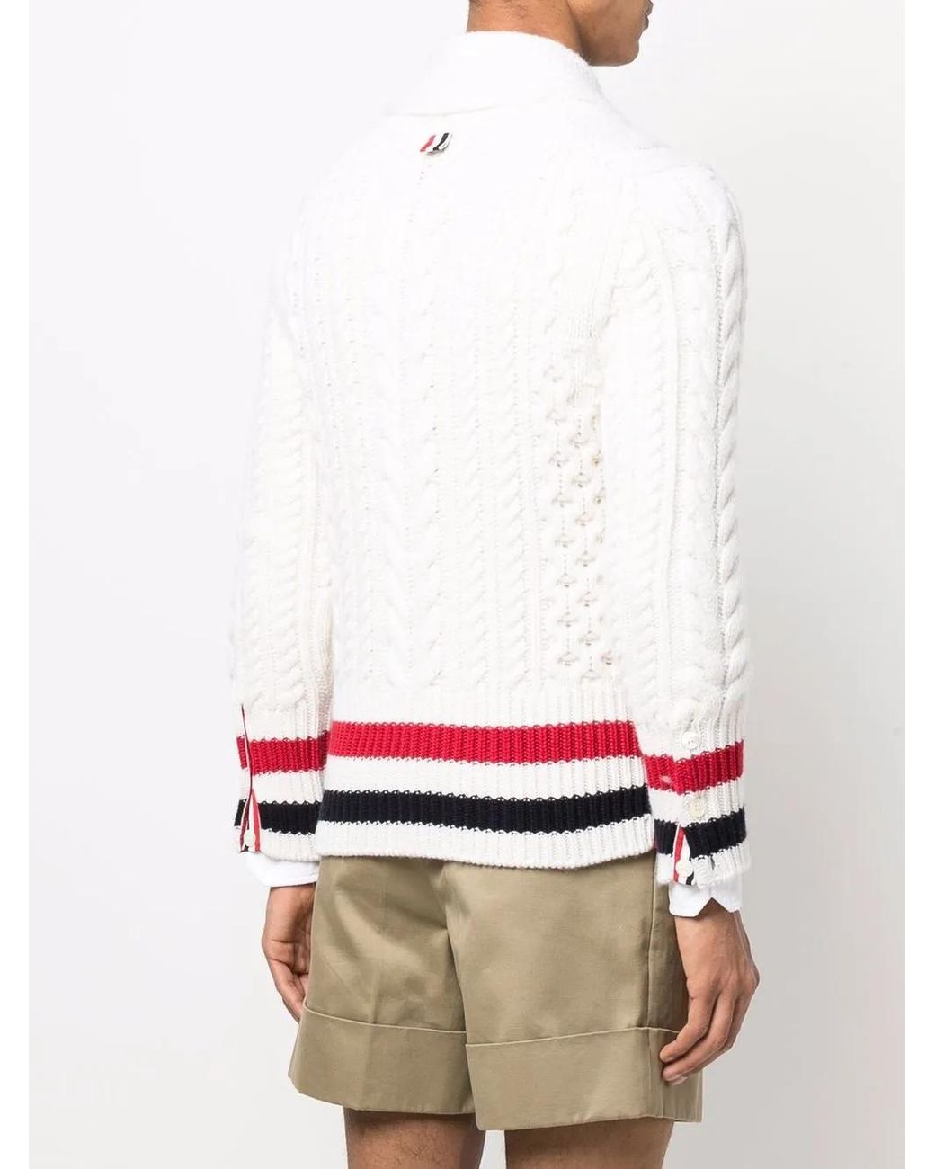 Thom Browne White Aran Cable Cashmere Rwb Stripe Cardigan for men