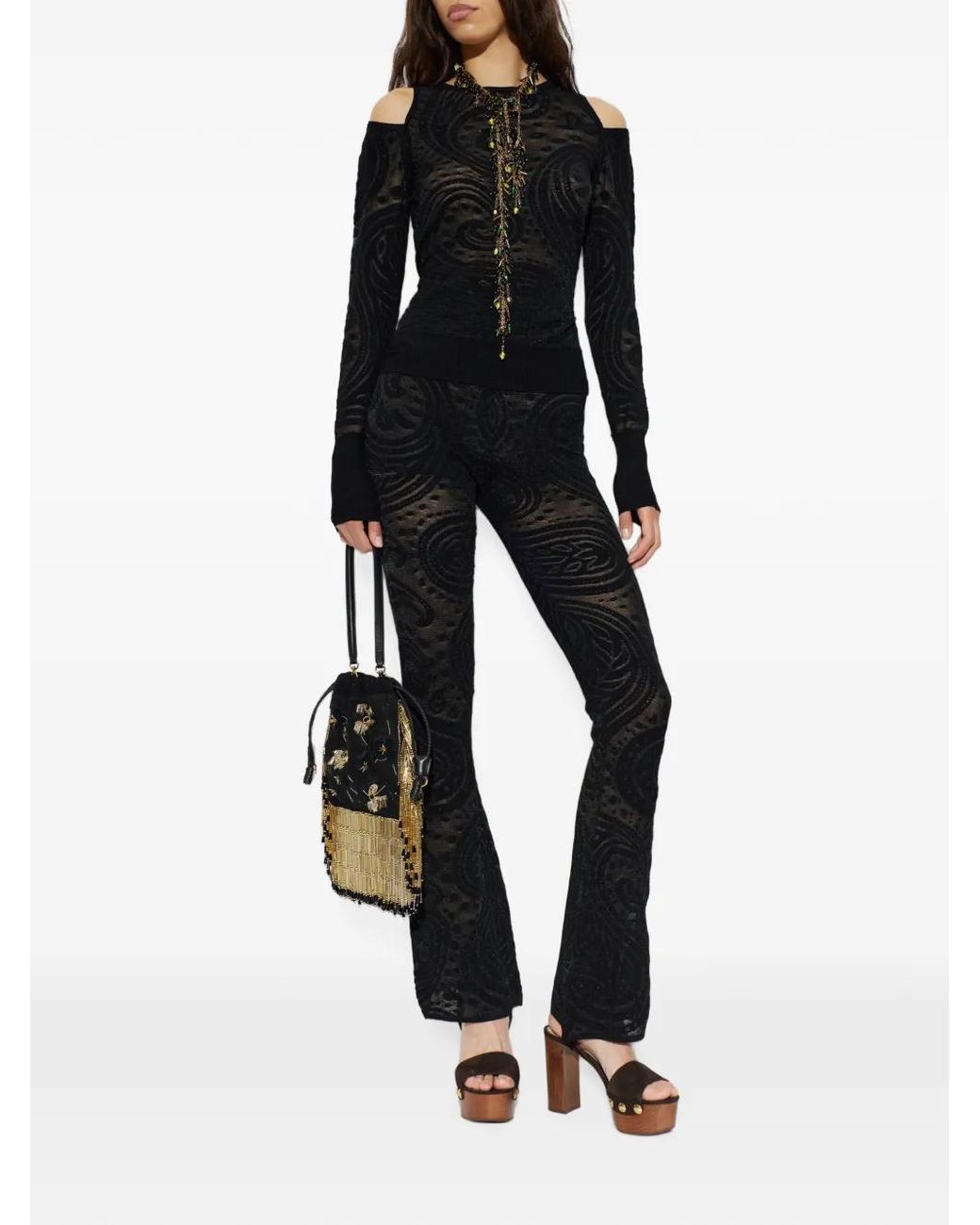 Etro Black Paisley-Pattern Flared Trousers