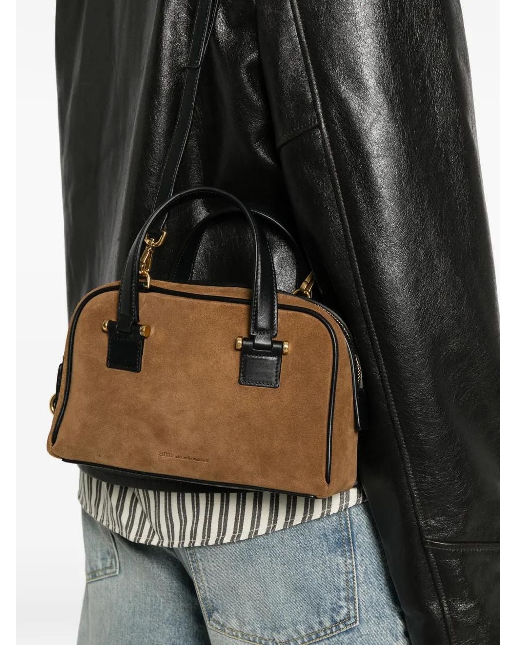AMI Black Suede Leather Tote Bag