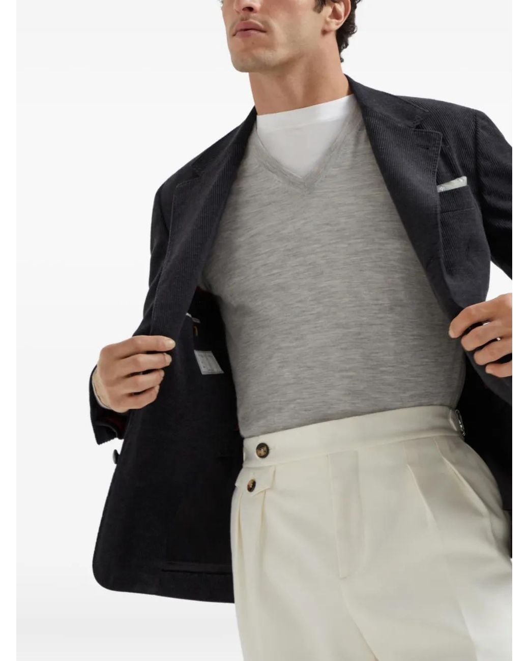 Brunello Cucinelli Gray V-Neck Cashmere-Silk Jumper for men