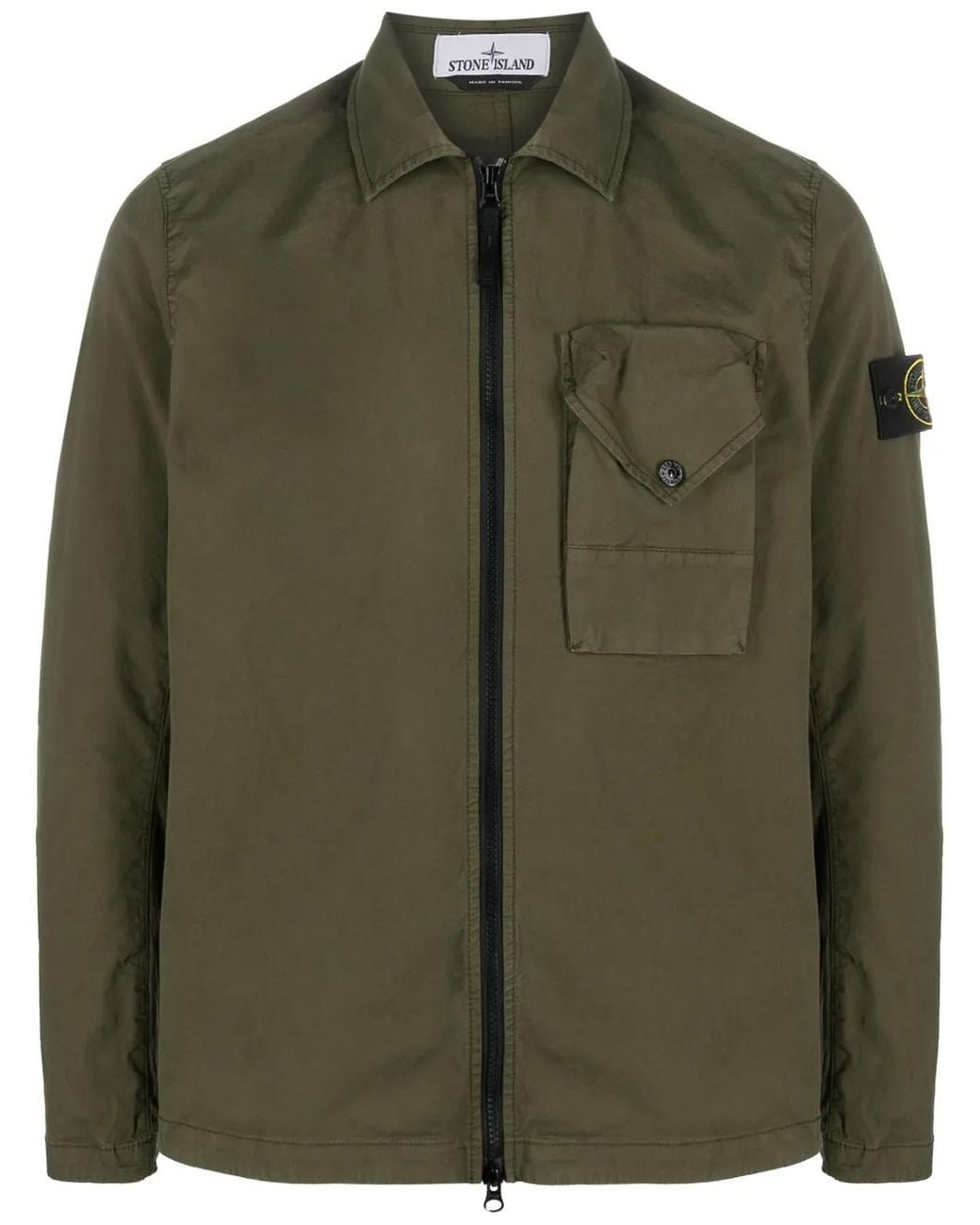 Stone Island Green Compass-Patch Zip-Up Overshirt for men