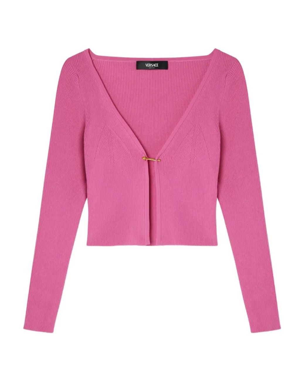 Versace Pink Safety Pin Ribbed-Knit Cardigan
