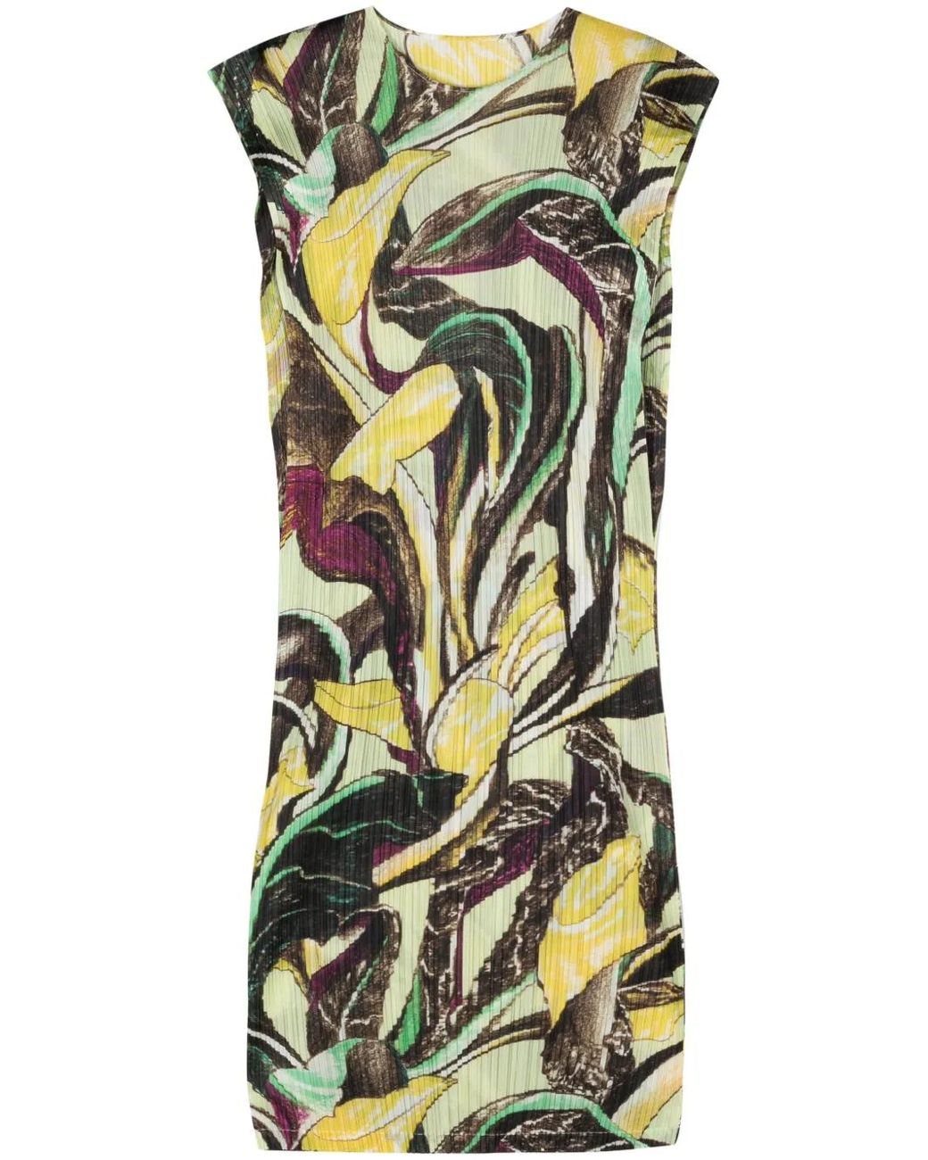 Pleats Please Issey Miyake Green Printed Pleated Midi Dress
