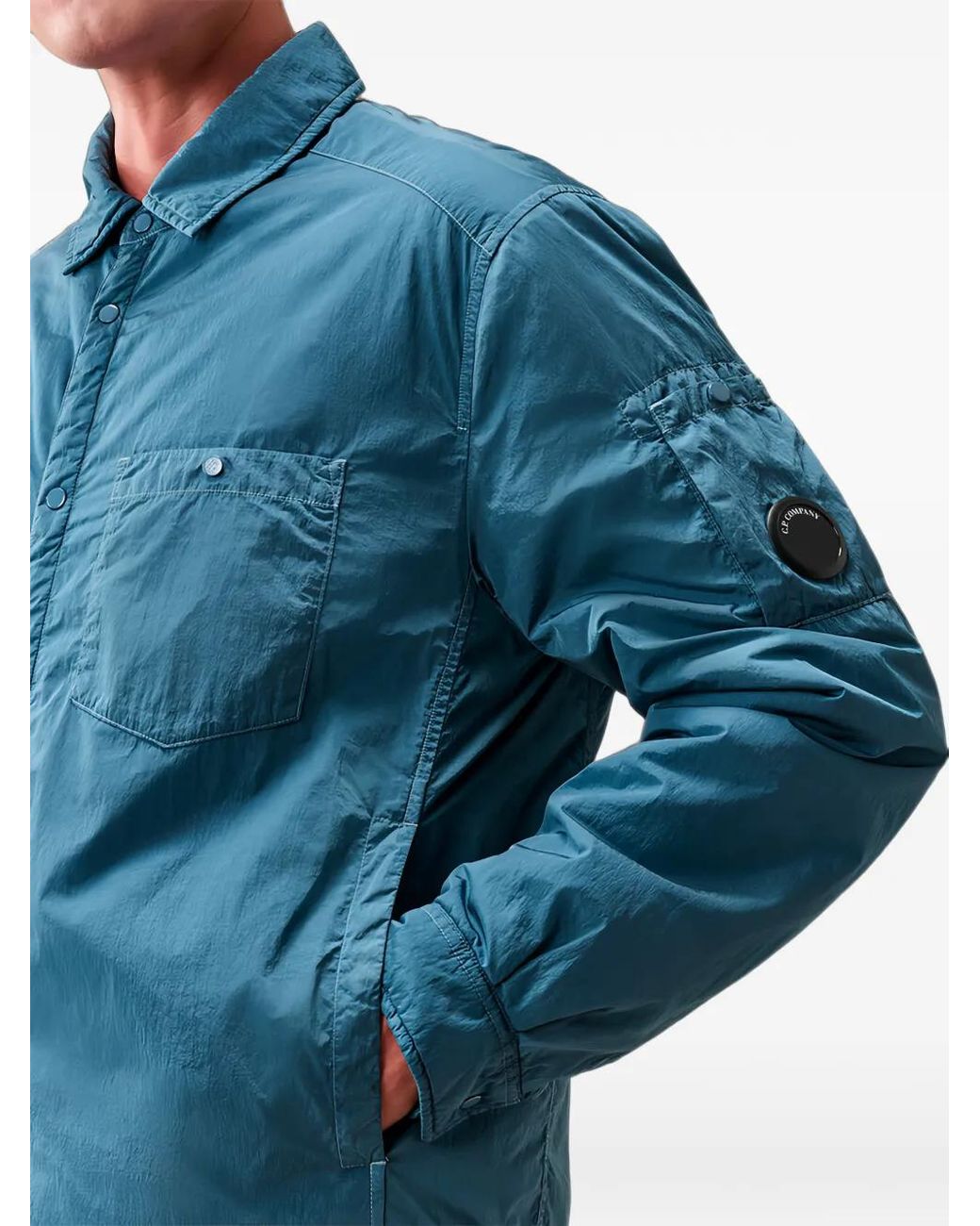 C P Company Blue Chrome-R Lens Padded Button Overshirt for men