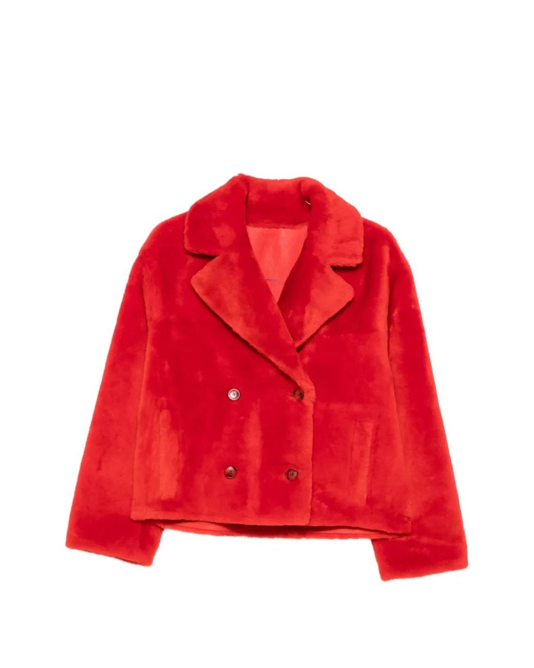 Yves Salomon Red Double-Breasted Shearling Jacket