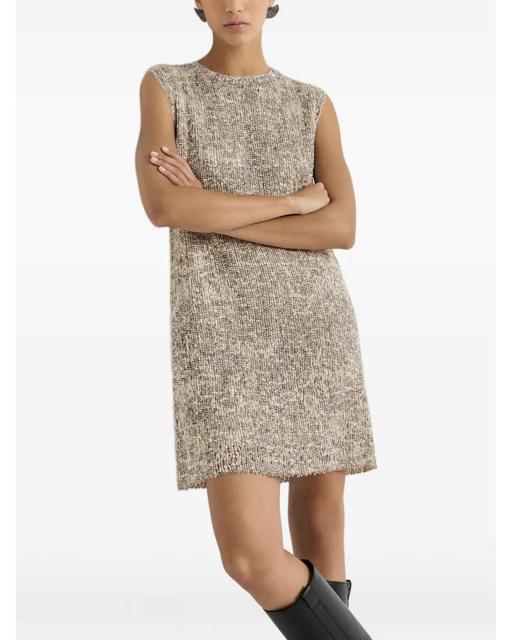 Brunello Cucinelli Natural Dazzling Craquelé Embroidery Dress