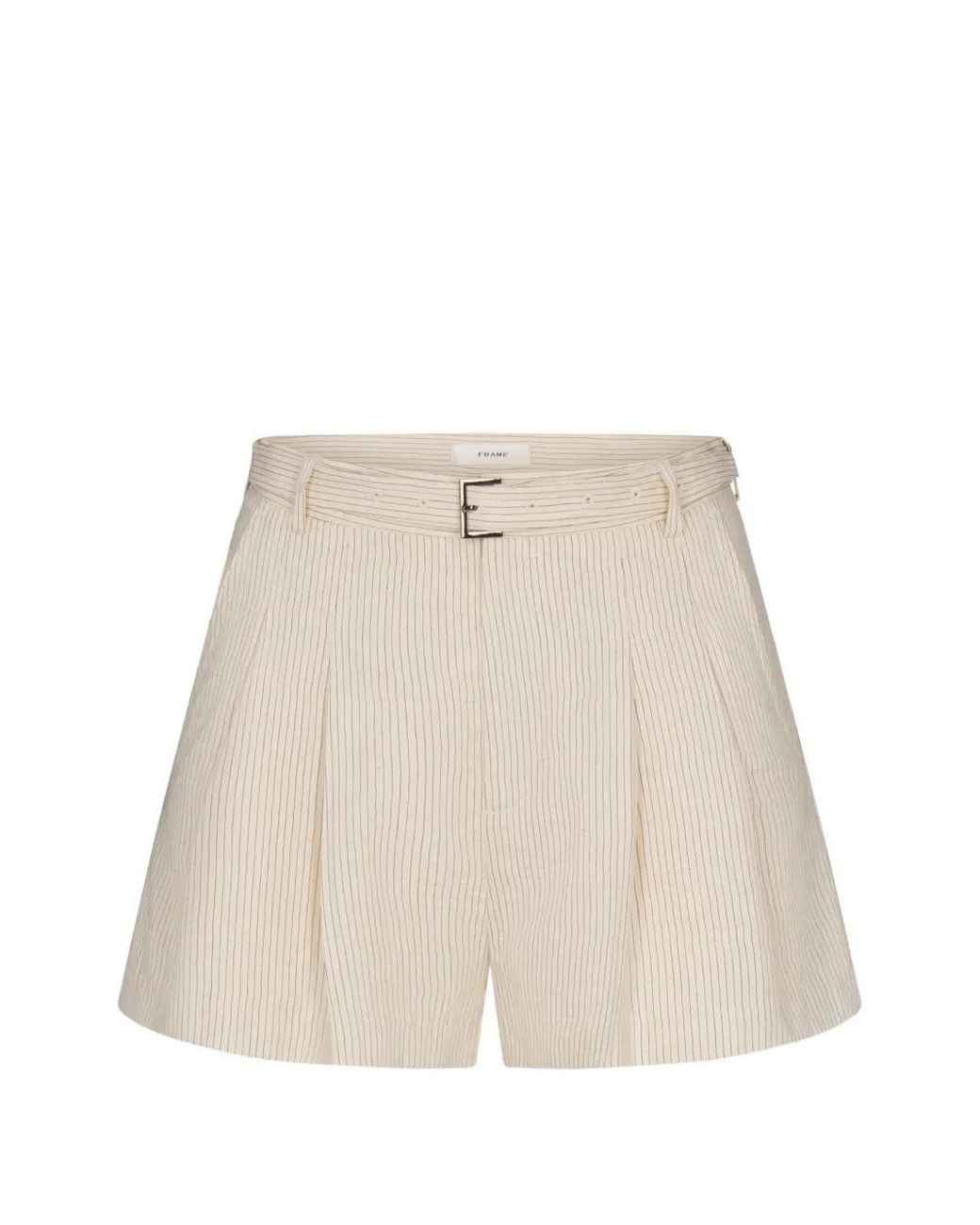 FRAME Natural Pinstripe Belted Shorts