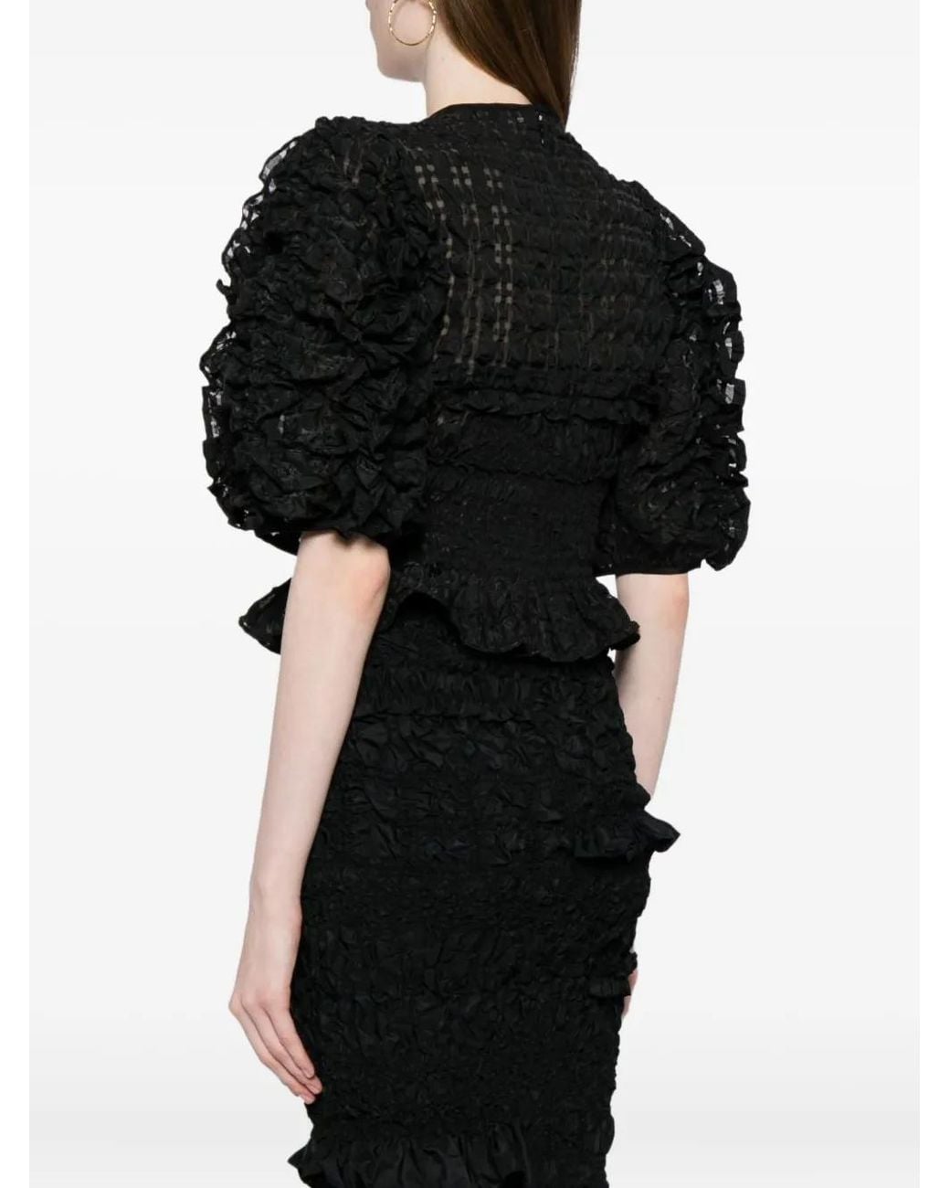 CECILIE BAHNSEN Black Ruffled-Detail Organza Top