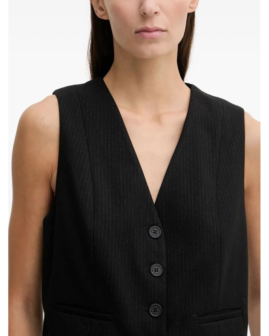 Marc O' Polo Black Button Striped V-Neck Top