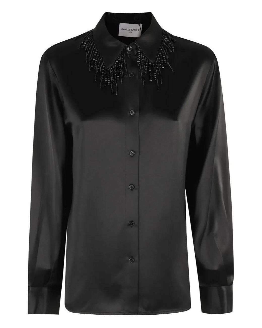 Isabelle Blanche Black Beaded-Collar Satin Shirt