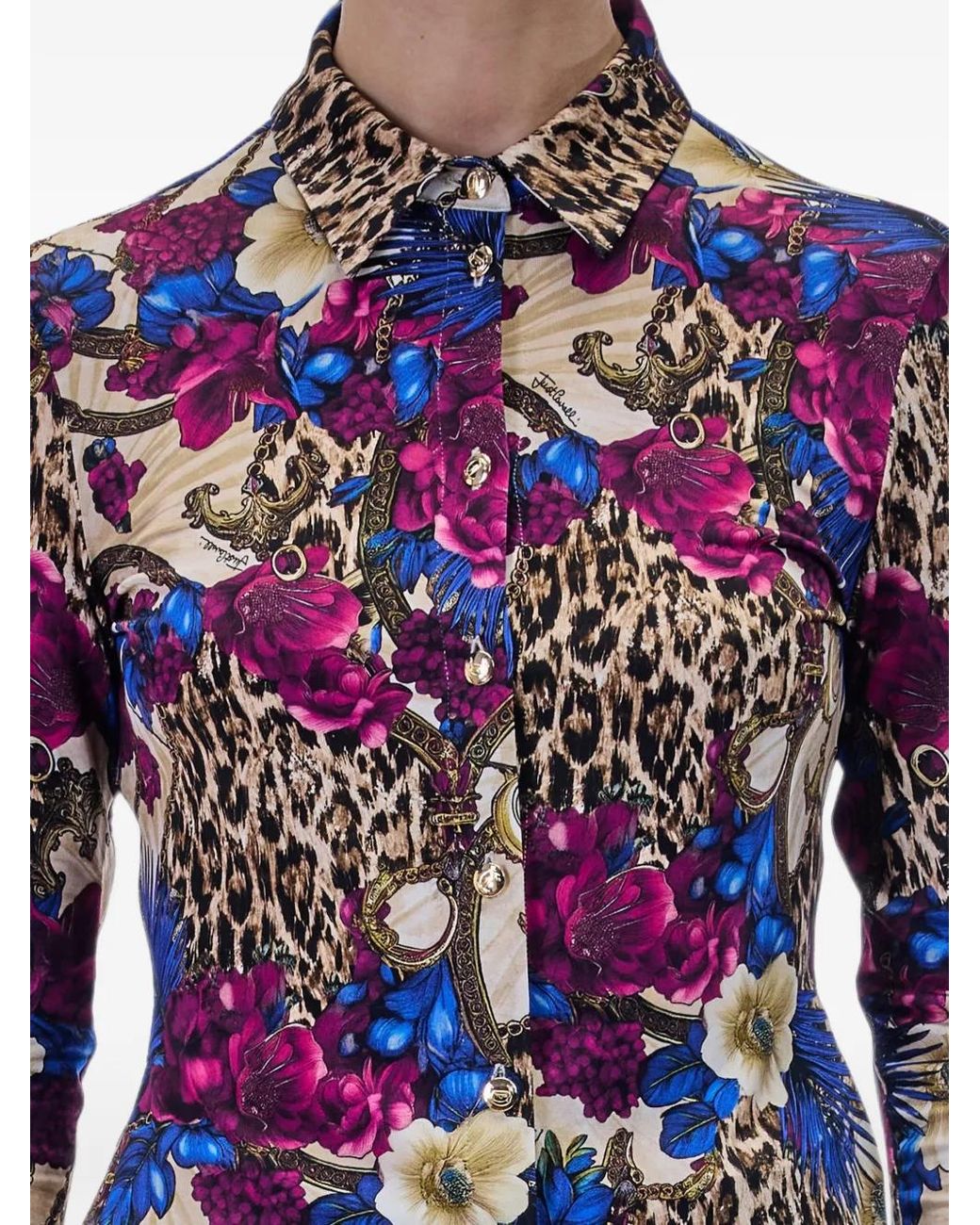 Just Cavalli Purple Floral-Print Leopard-Pattern Shirt