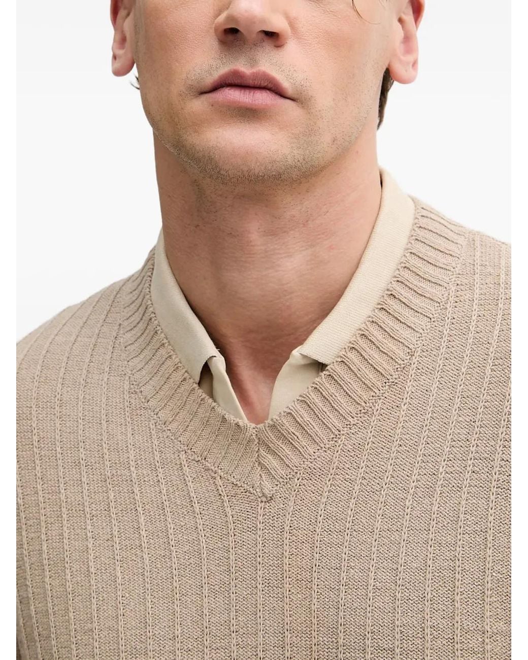 Sisley Natural Ribbed-Knit V-Neck Sweater for men